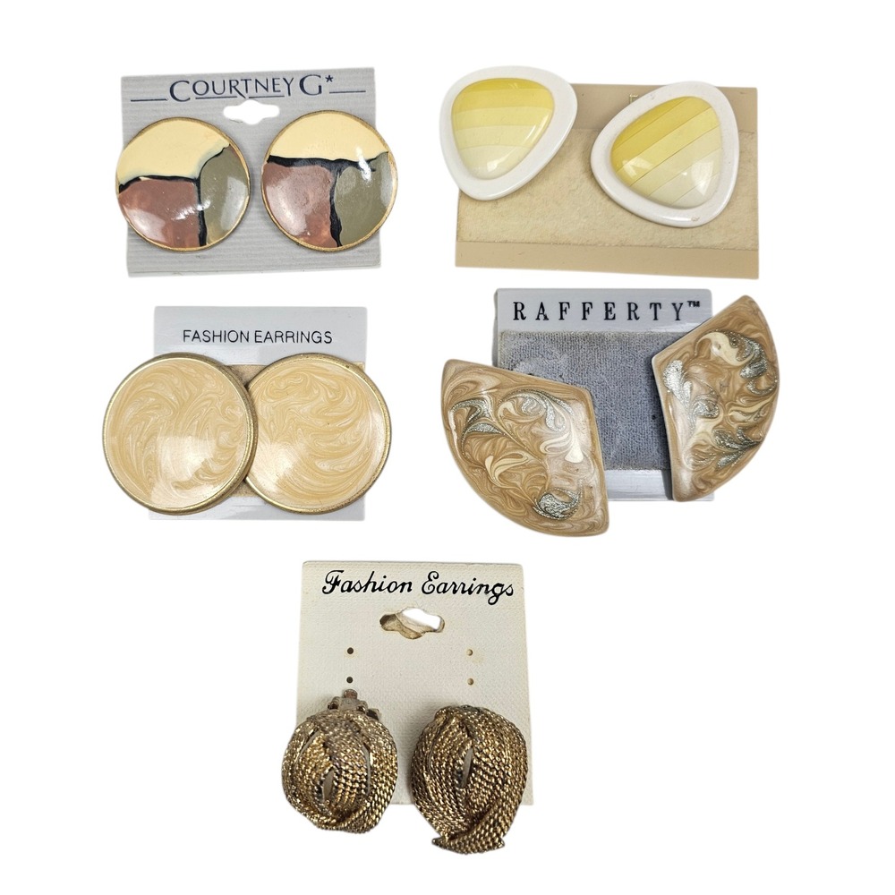 Vintage 80s Earring Lot 5 Pairs Courtney G Rafferty Geometric Enamel Gold‎ Tone